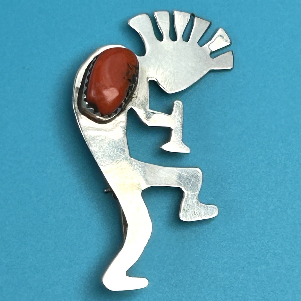 Kokopelli Sterling Silver Red Coral Brooch Pin Arrow Hallmark 3.45g